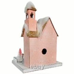 14.25 Cody Foster Pink Frostfield Putz Church House Deer Vntg Christmas Decor