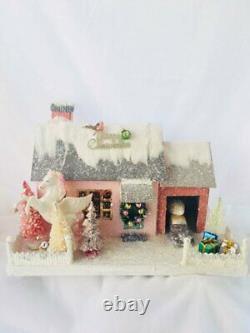 9 Pink Retro Christmas Village Mantel House with Pegasus Horse, Trees, and Car