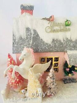 9 Pink Retro Christmas Village Mantel House with Pegasus Horse, Trees, and Car