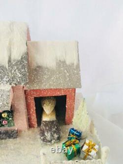 9 Pink Retro Christmas Village Mantel House with Pegasus Horse, Trees, and Car