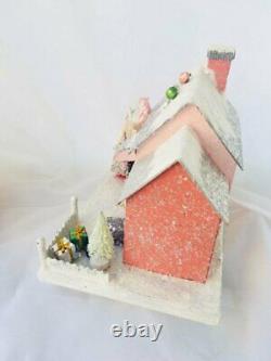 9 Pink Retro Christmas Village Mantel House with Pegasus Horse, Trees, and Car