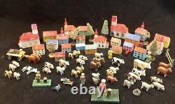 Antique German Erzgebirge Carved Wood Village And Animals