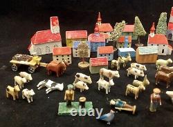 Antique German Erzgebirge Carved Wood Village And Animals