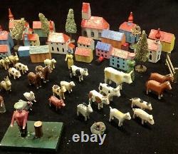 Antique German Erzgebirge Carved Wood Village And Animals