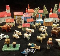 Antique German Erzgebirge Carved Wood Village And Animals