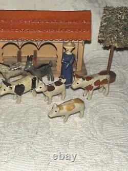 Antique Rare German Putz Erzgebirge Wooden Stable And Miniatures