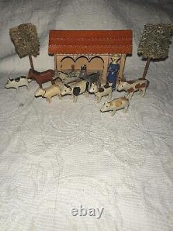 Antique Rare German Putz Erzgebirge Wooden Stable And Miniatures