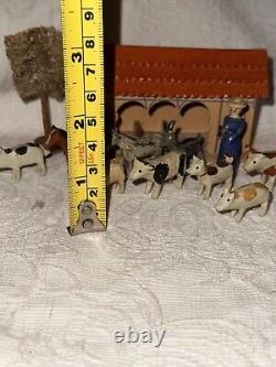 Antique Rare German Putz Erzgebirge Wooden Stable And Miniatures