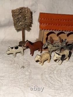 Antique Rare German Putz Erzgebirge Wooden Stable And Miniatures