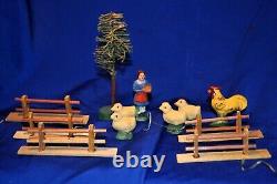 Antique Vtg Erzgebirge Germany 1920 Chicken Farm Scene Set 12 Pcs, Iob Xmas Putz