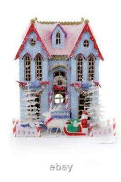 Blue and Red Festive Country Mansion Christmas Village House with Santa