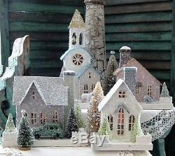 CODY FOSTER SET of 4 Retro-Style PUTZ CHURCH and HOUSES Brand New