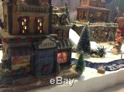 Christmas Village Display Platforms Ski Slope, Creek, 2 Houses And Figurines