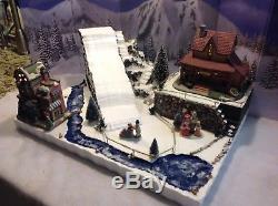 Christmas Village Display Platforms Ski Slope, Creek, 2 Houses And Figurines