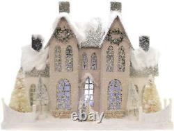 Christmas Village Elegant Ivory Pink Manor House with Deer Trees Wreath