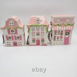 Christmas Village Pink White Ceramic Lighted House Bakery Decor Set