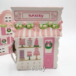 Christmas Village Pink White Ceramic Lighted House Bakery Decor Set
