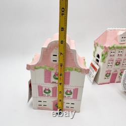 Christmas Village Pink White Ceramic Lighted House Bakery Decor Set