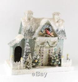 Cody Foster Blue Christmas Mantel Village House with Cardinal in Tree