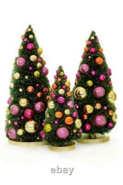 Dark Green Bottle Brush Trees Gold and Pink Shiny Balls Christmas Set of 3