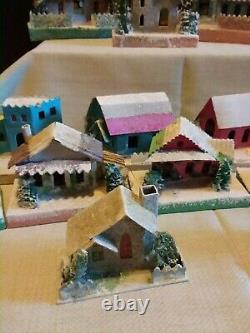 Huge Lot /17 Vintage Putz Cardboard Christmas Village Houses Glitter Japan