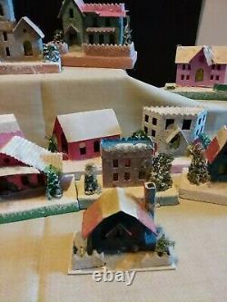 Huge Lot /17 Vintage Putz Cardboard Christmas Village Houses Glitter Japan