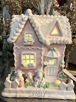 Large Glittery Easter Gingerbread House with Sheep Family