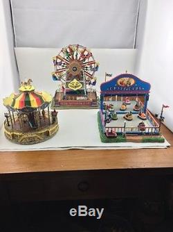 Lemax Carnival Lot Of 3-Belmont Carousel, The Starburst, Crazy Cars- WORKS! Nice