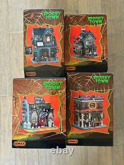 Lemax Spooky Town Instant Village Lot of 4 Lighted Buildings all CIB with bulbs