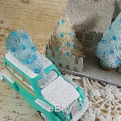 Light Up Turquoise Glitter Putz House Christmas Village Bottle Brush Trees w Car