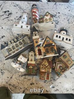 Lot 10 Piece Christmas Village Display 6 Lights Included Some Damage Starter