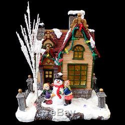 MUSICAL CHRISTMAS COTTAGE with SNOWMAN & CHILDREN / LED LIGHTING / ORIGINAL BOX
