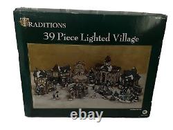 NEW Christmas Traditions Lighted 39 Piece Village Set Buildings Holiday COMPLETE