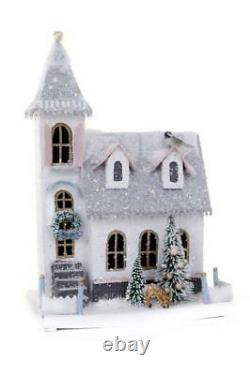 Peaceful Wintery White and Silver Christmas Village Church with Fawn