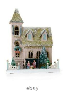 Peachy Pink Christmas Village Church with Nativity Building