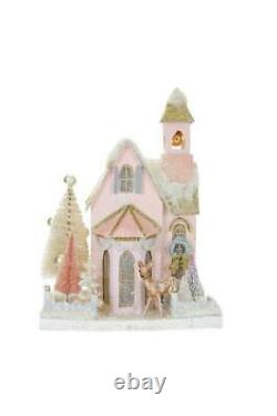 Pink Frostfield Christmas Mantel Village Church with Deer