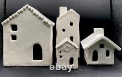 Pottery Barn Red Clay Hand Crafted Ceramic Christmas Village House Set Of 4