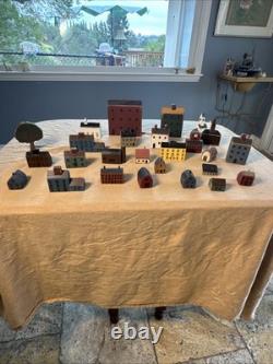 Primitive Folk Art Wood Block Village Houses Set Of 26 Handmade Painted