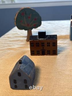 Primitive Folk Art Wood Block Village Houses Set Of 26 Handmade Painted