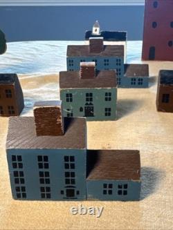 Primitive Folk Art Wood Block Village Houses Set Of 26 Handmade Painted