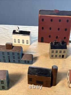 Primitive Folk Art Wood Block Village Houses Set Of 26 Handmade Painted