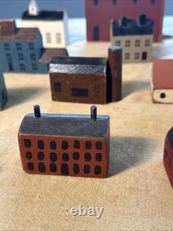 Primitive Folk Art Wood Block Village Houses Set Of 26 Handmade Painted