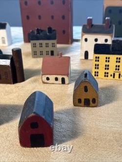 Primitive Folk Art Wood Block Village Houses Set Of 26 Handmade Painted