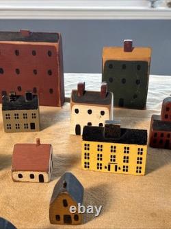 Primitive Folk Art Wood Block Village Houses Set Of 26 Handmade Painted