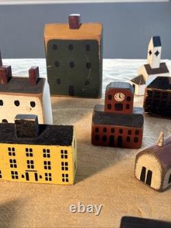 Primitive Folk Art Wood Block Village Houses Set Of 26 Handmade Painted