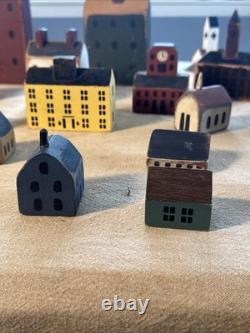 Primitive Folk Art Wood Block Village Houses Set Of 26 Handmade Painted