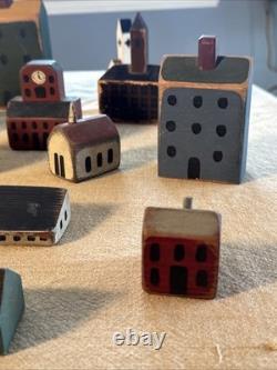 Primitive Folk Art Wood Block Village Houses Set Of 26 Handmade Painted