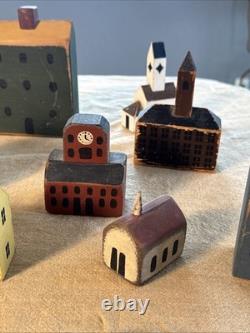 Primitive Folk Art Wood Block Village Houses Set Of 26 Handmade Painted