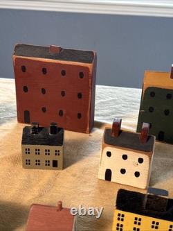 Primitive Folk Art Wood Block Village Houses Set Of 26 Handmade Painted