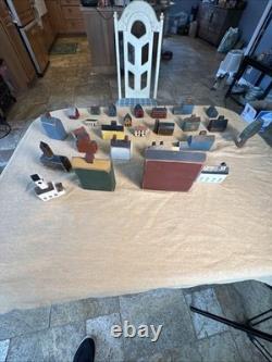 Primitive Folk Art Wood Block Village Houses Set Of 26 Handmade Painted